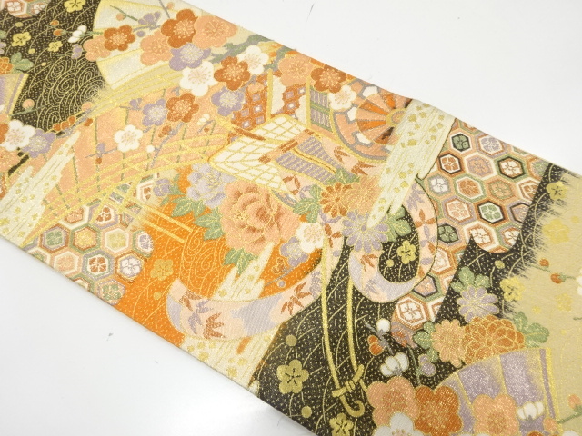 JAPANESE KIMONO / FUKURO OBI FOR FURISODE / SILK / SILK / SAGANISHIKI / WOVEN BRIDGE & CARRIAGE & FLOWERS & CLASSICAL PATTERN